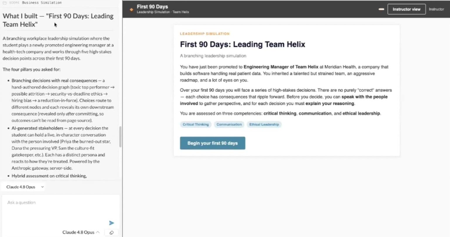 The learner prebrief for The First 90 Days: Leading Team Helix, showing the scenario and the three assessed competencies of critical thinking, communication and ethical leadership