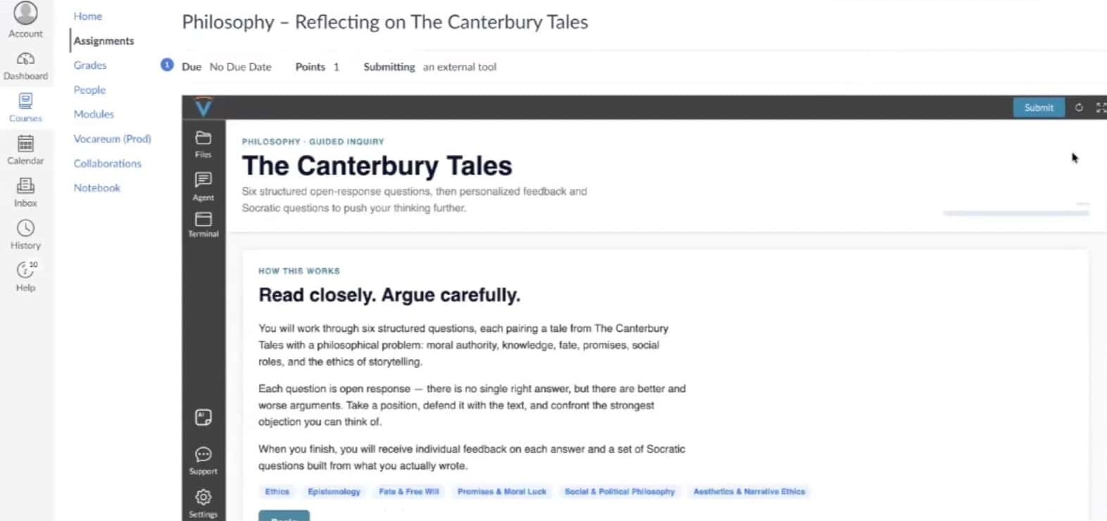 An Atlas-built philosophy assignment running inside a Canvas course through LTI, with Canvas navigation surrounding the framed Vocareum app