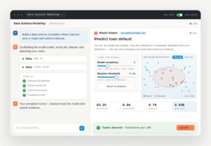 Vocareum Atlas turning a plain-language prompt into a live loan-default model studio, with tuning sliders, a decision boundary chart, and accuracy metrics.