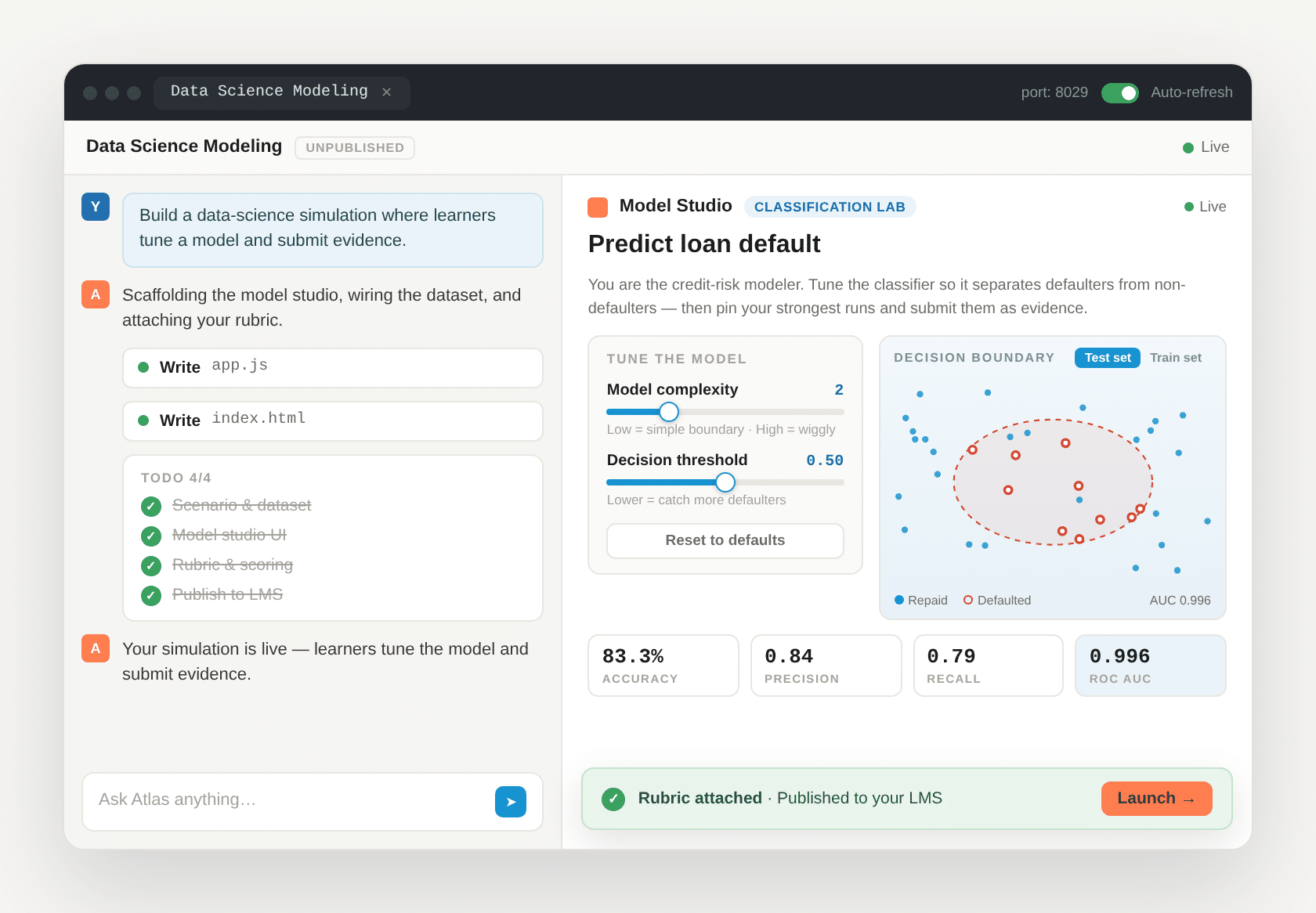 Vocareum Atlas turning a plain-language prompt into a live loan-default model studio, with tuning sliders, a decision boundary chart, and accuracy metrics.