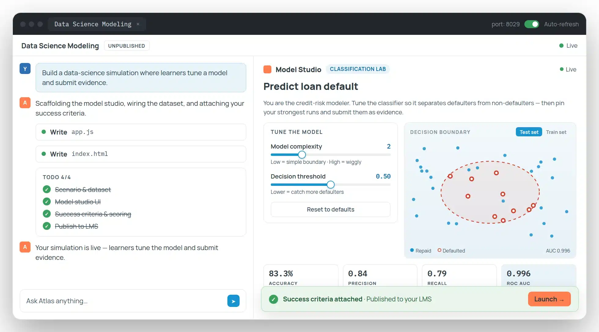Vocareum Atlas turning a plain-language prompt into a live loan-default model studio, with tuning sliders, a decision boundary chart, and accuracy metrics.